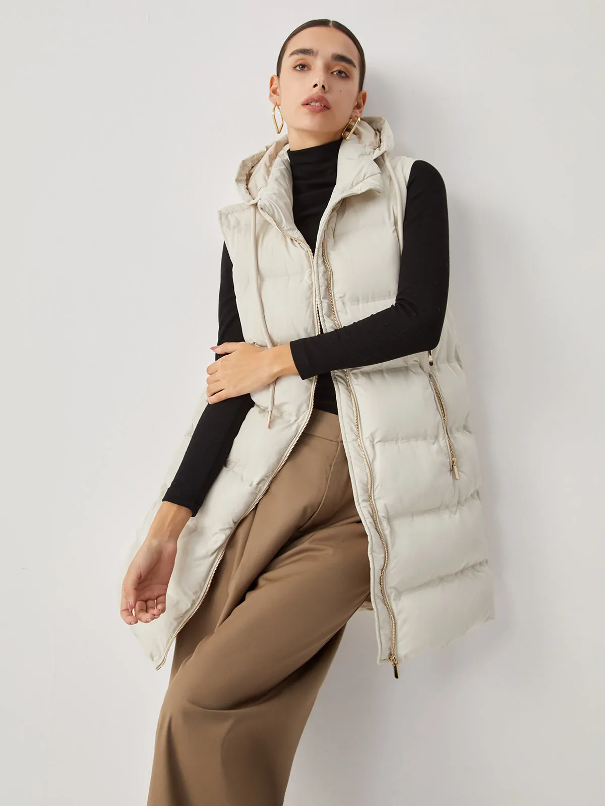 CHICMY- Double Pockets Hooded Quilted Puffer Longline Coat