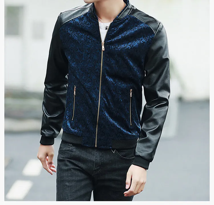 Contrast Paisley Pattern Combination Style PU Leather Sleeves Men Slim Fit Jacket