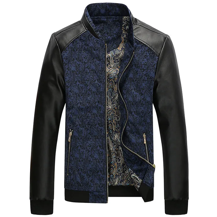 Contrast Paisley Pattern Combination Style PU Leather Sleeves Men Slim Fit Jacket