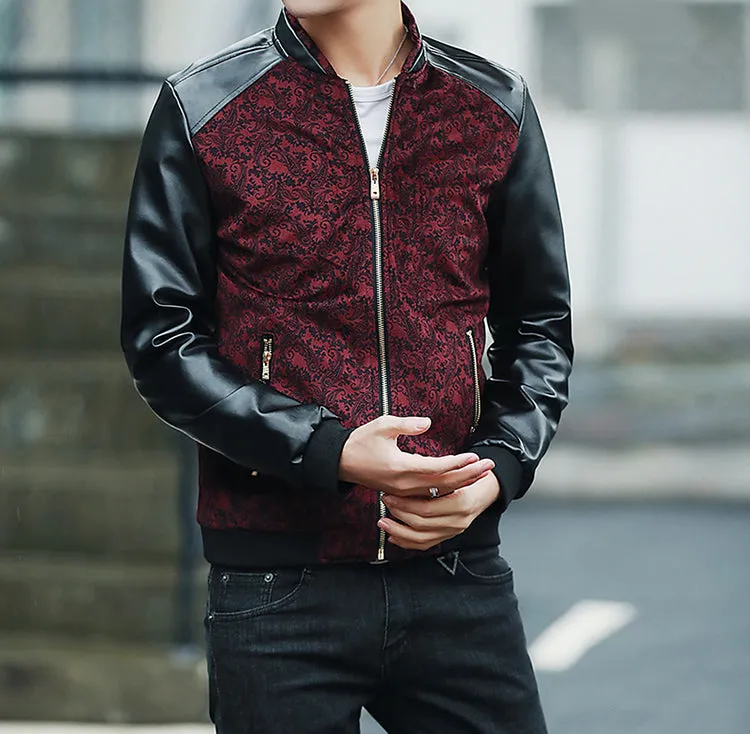 Contrast Paisley Pattern Combination Style PU Leather Sleeves Men Slim Fit Jacket