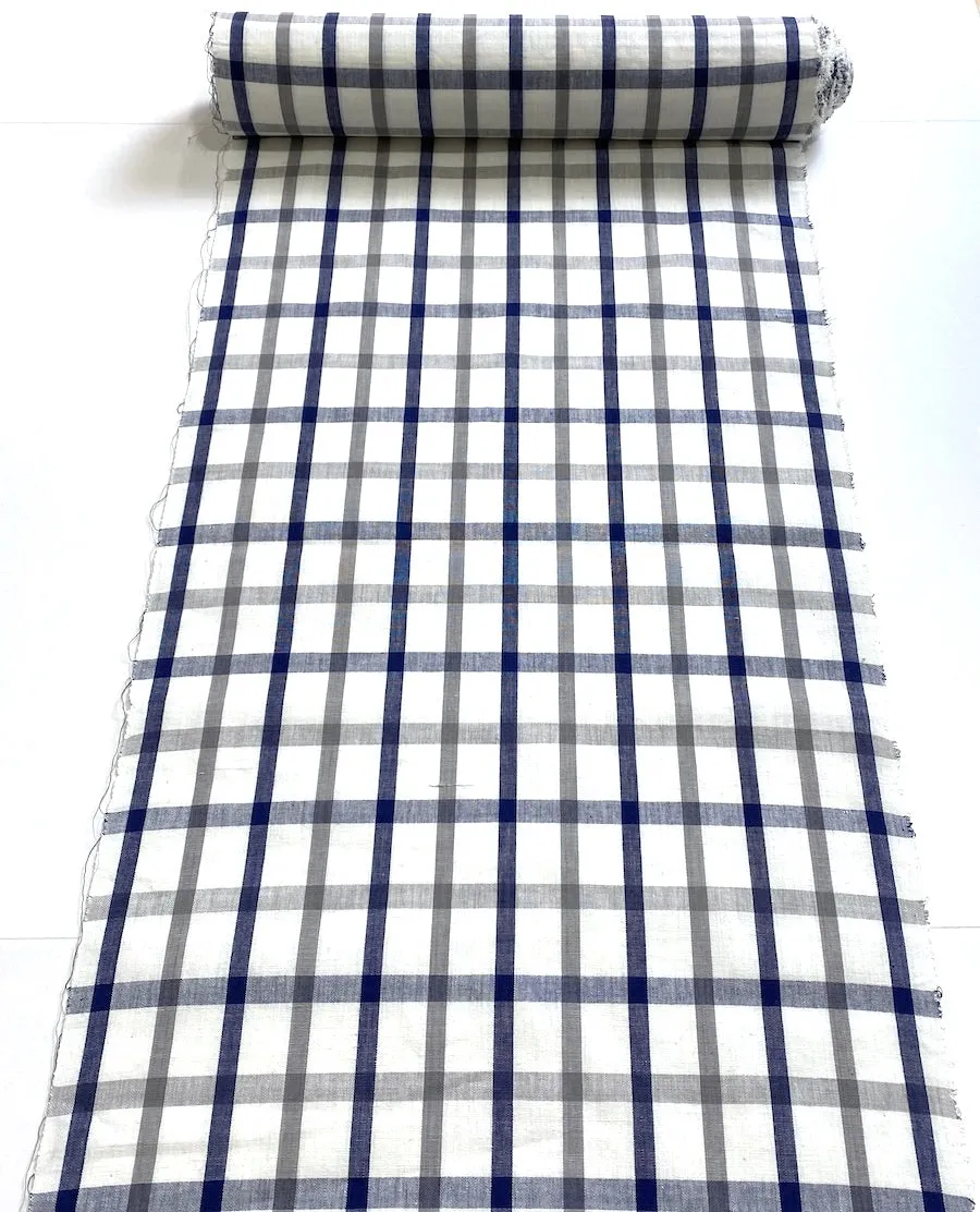 Cotton Plaid from Japan, White/Navy/Gray Yarn-Dyed Kimono Yukata By the Yard #250