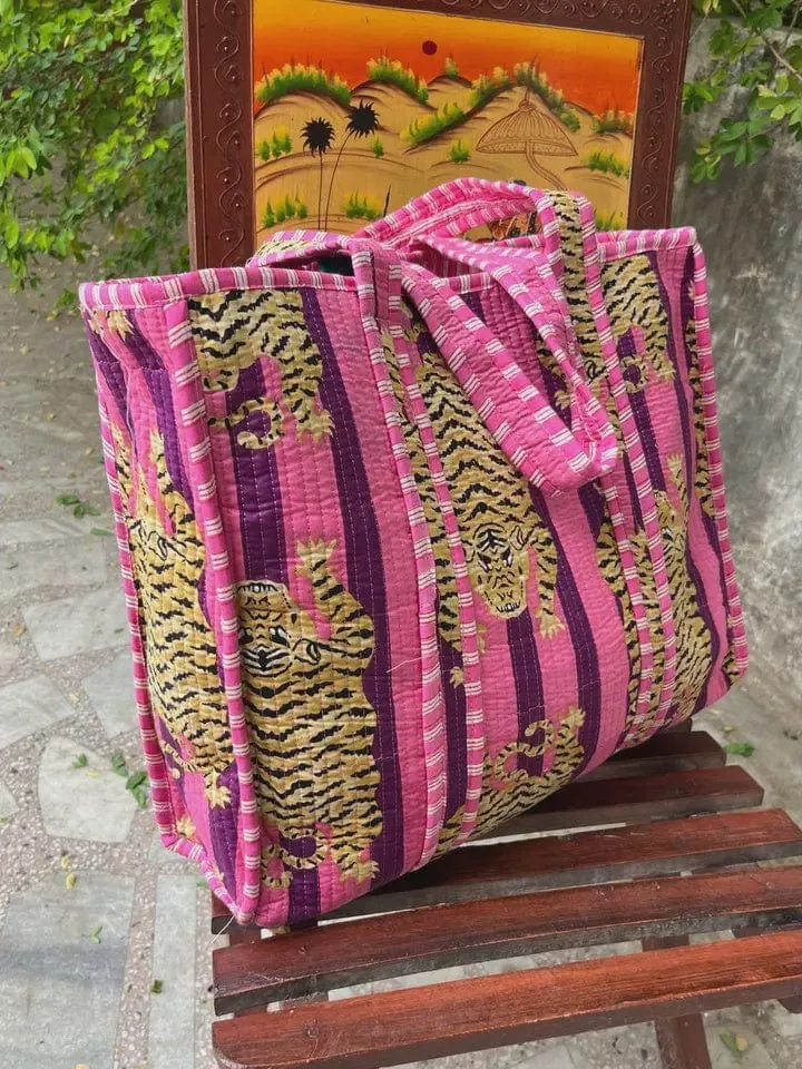 Cotton Purple Stripe Tiger Quilted Tote Bag