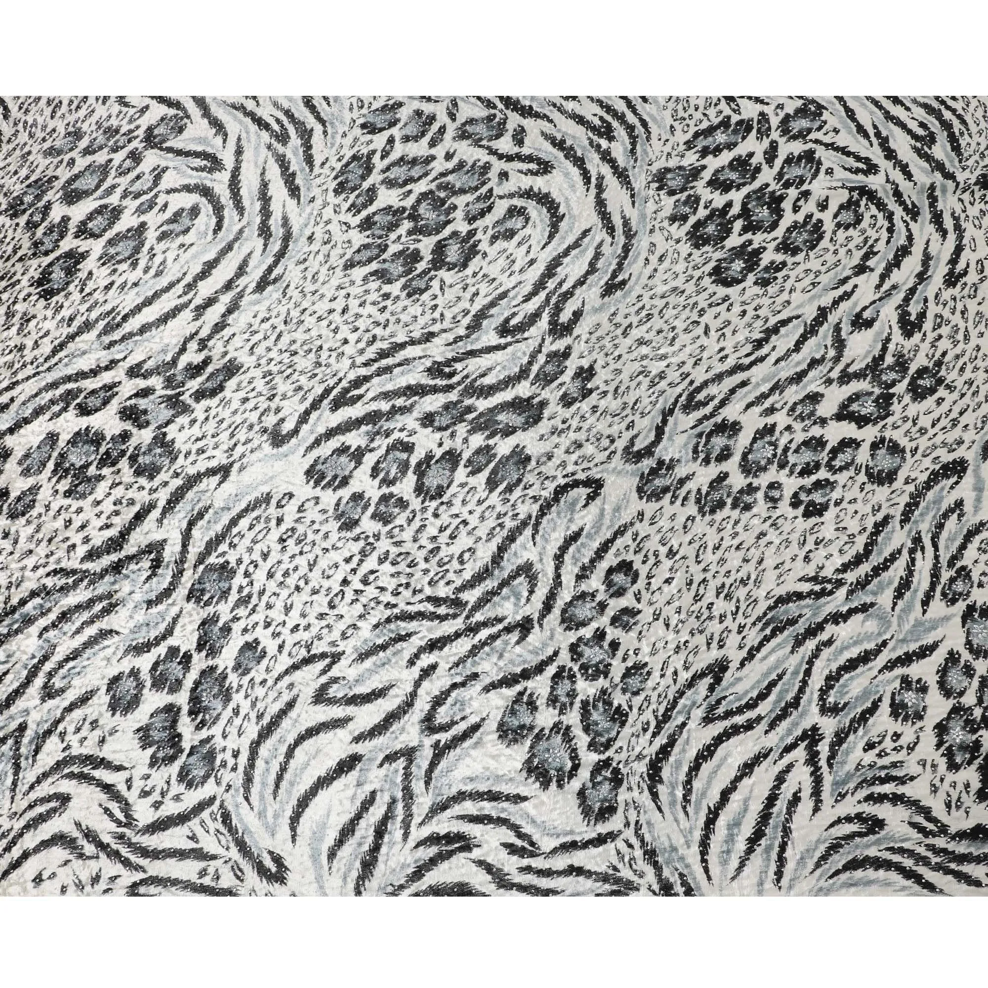 Daisy white Rayon velvet fabric with black, pewter grey print having metallic silver studs in abstract design