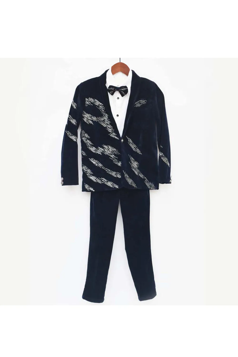 Dark Blue Sequins Embroidered Velvet Blazer Set