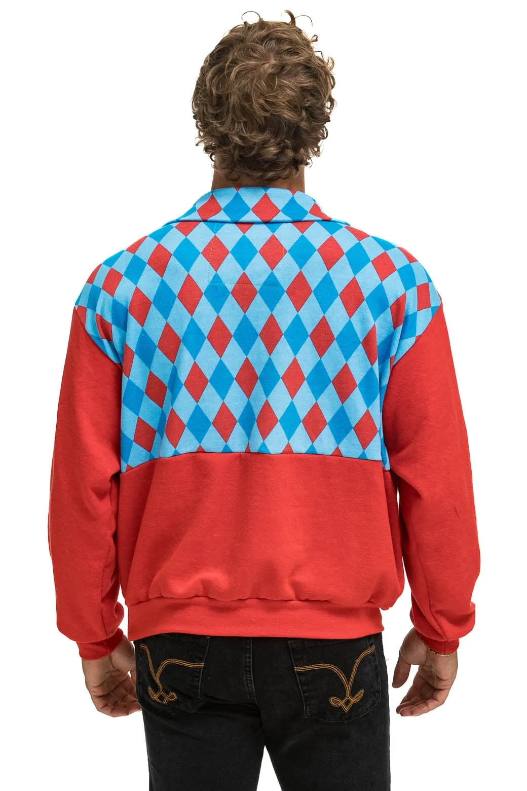 DIAMOND SMILEY 2 FLEECE HALF ZIP COLOR BLOCK SWEATSHIRT - RED // SKY