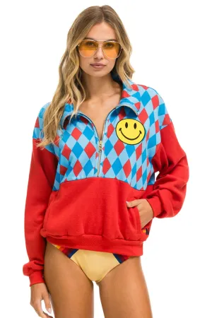 DIAMOND SMILEY 2 FLEECE HALF ZIP COLOR BLOCK SWEATSHIRT - RED // SKY