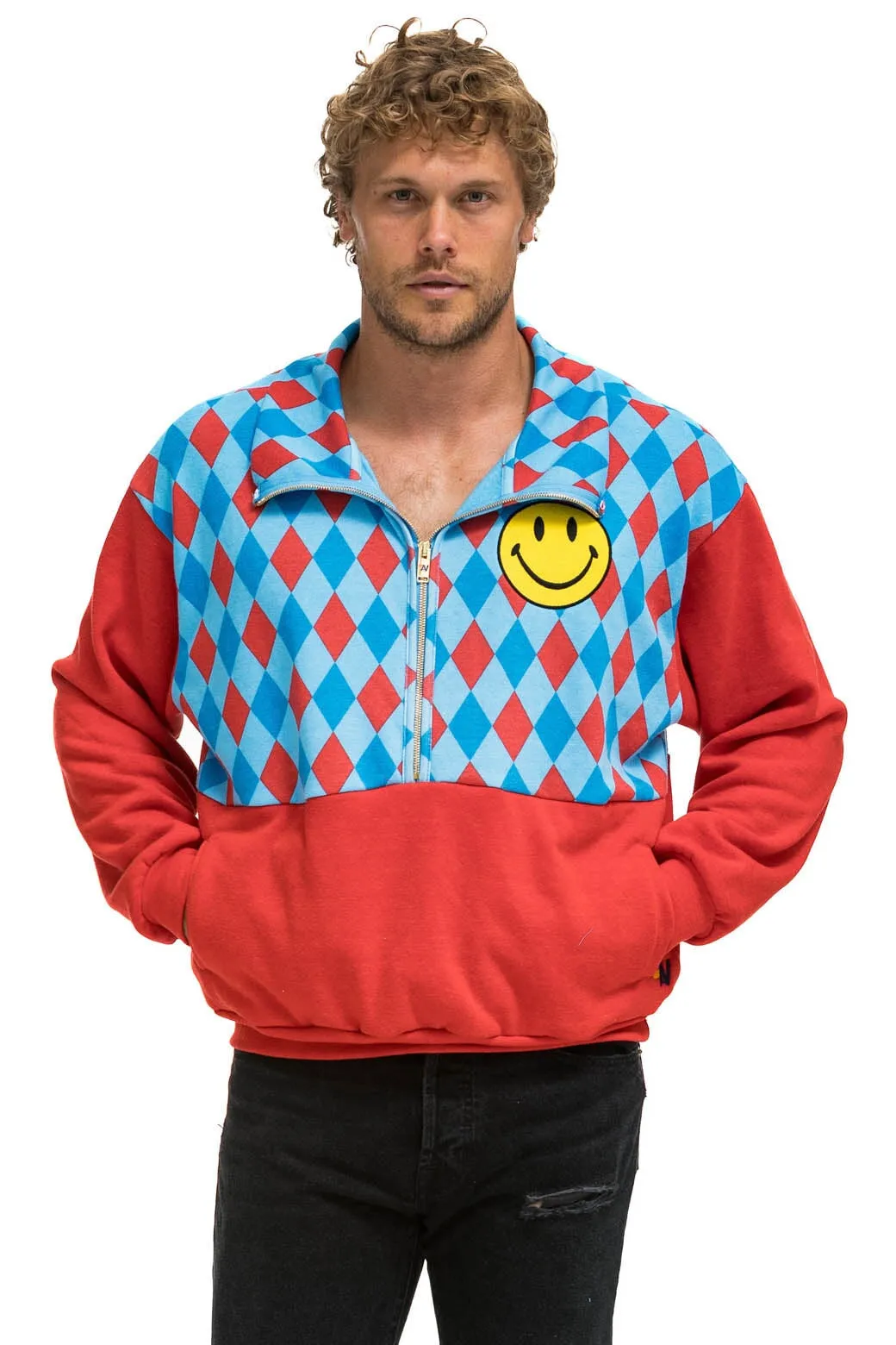 DIAMOND SMILEY 2 FLEECE HALF ZIP COLOR BLOCK SWEATSHIRT - RED // SKY