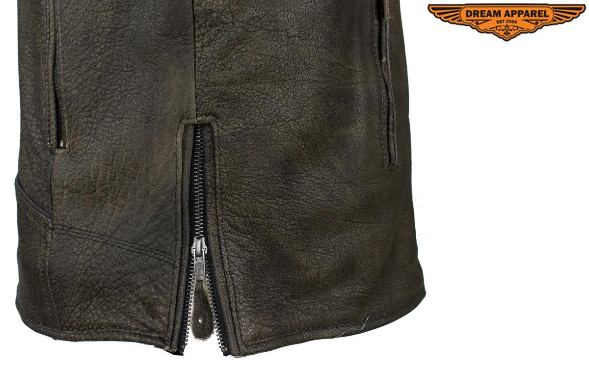 Distressed Brown Racer Jacket with Extra-Large Gun Pockets