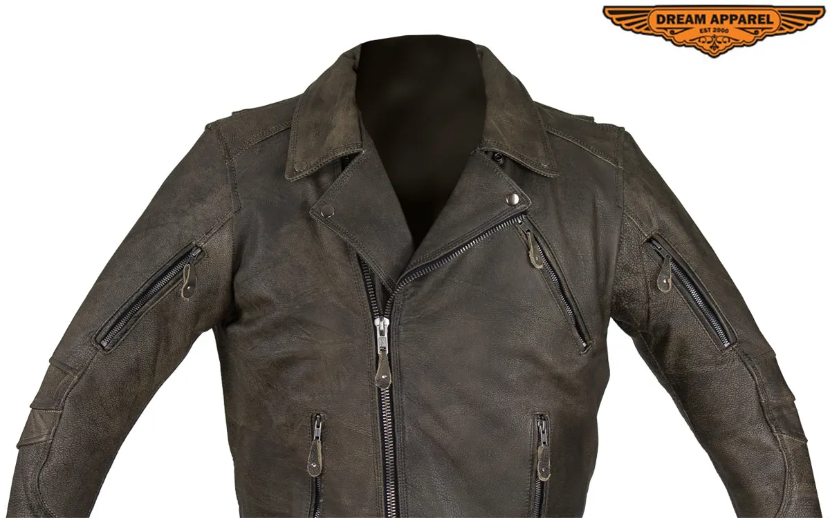 Distressed Brown Racer Jacket with Extra-Large Gun Pockets