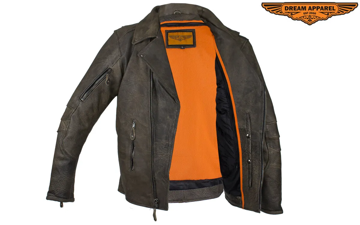 Distressed Brown Racer Jacket with Extra-Large Gun Pockets