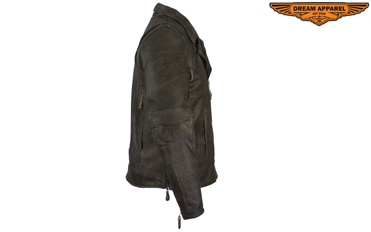 Distressed Brown Racer Jacket with Extra-Large Gun Pockets