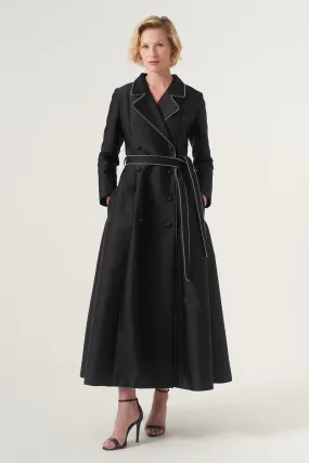 Double-breasted long-sleeve tie belt detail A-line soft brocade coat