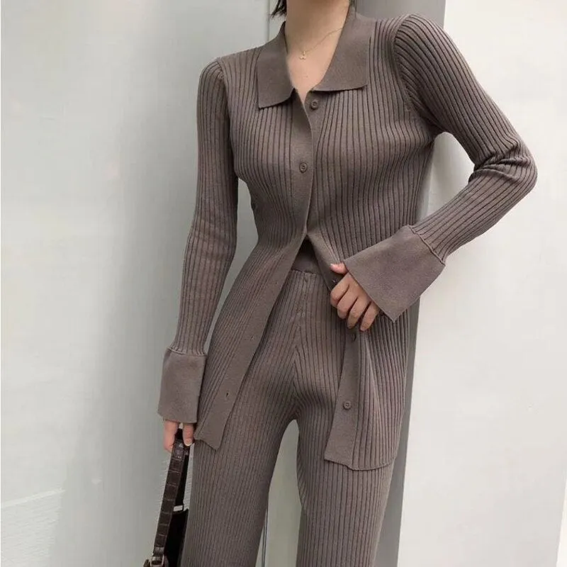 Elegant Knitted Two Piece Set Women Ribbed Zipper Flare Sleeve Shirts Tops and Pants Sets