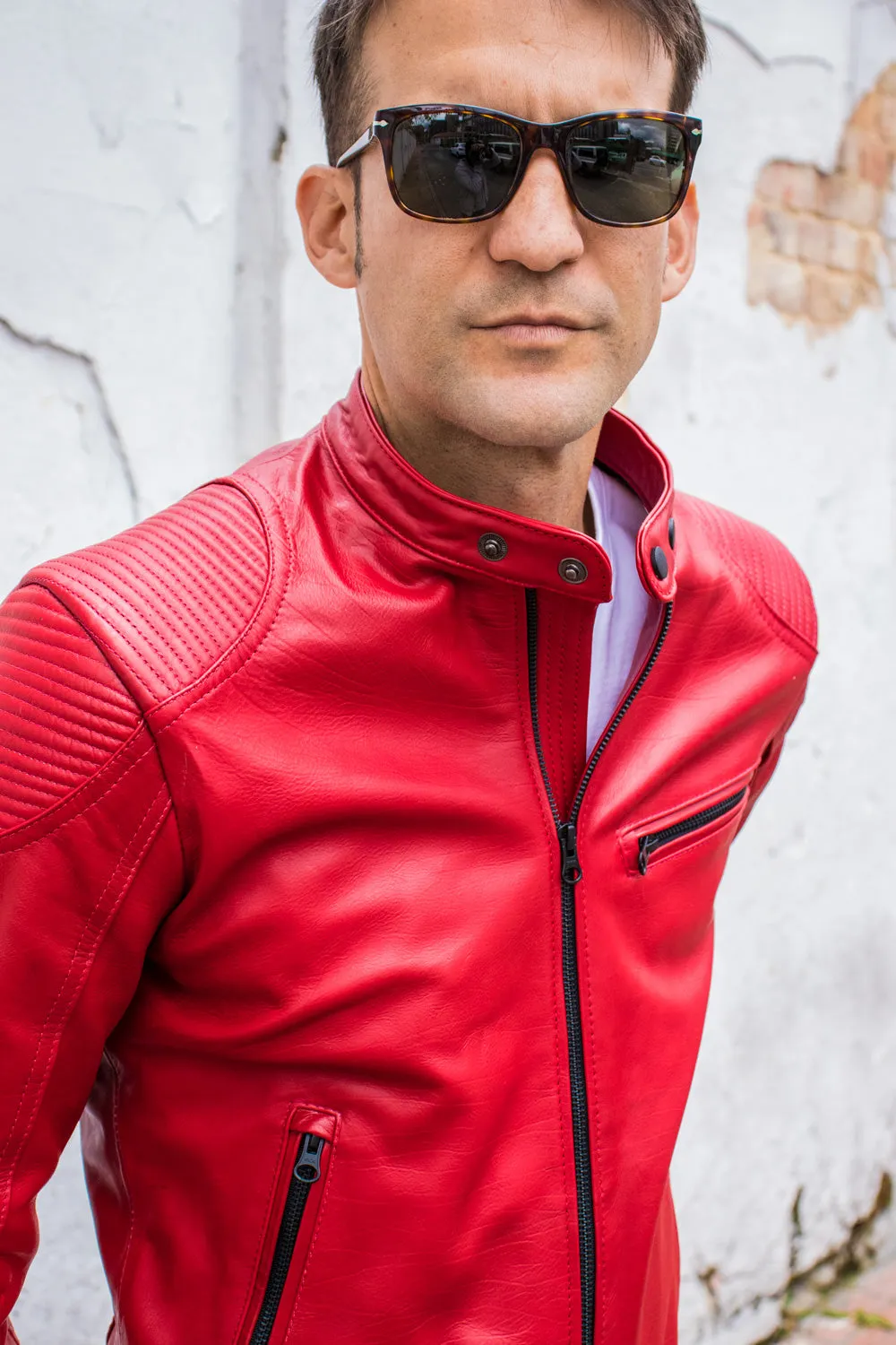 FALLOUT Leather Jacket  Red   - Cafe Racer