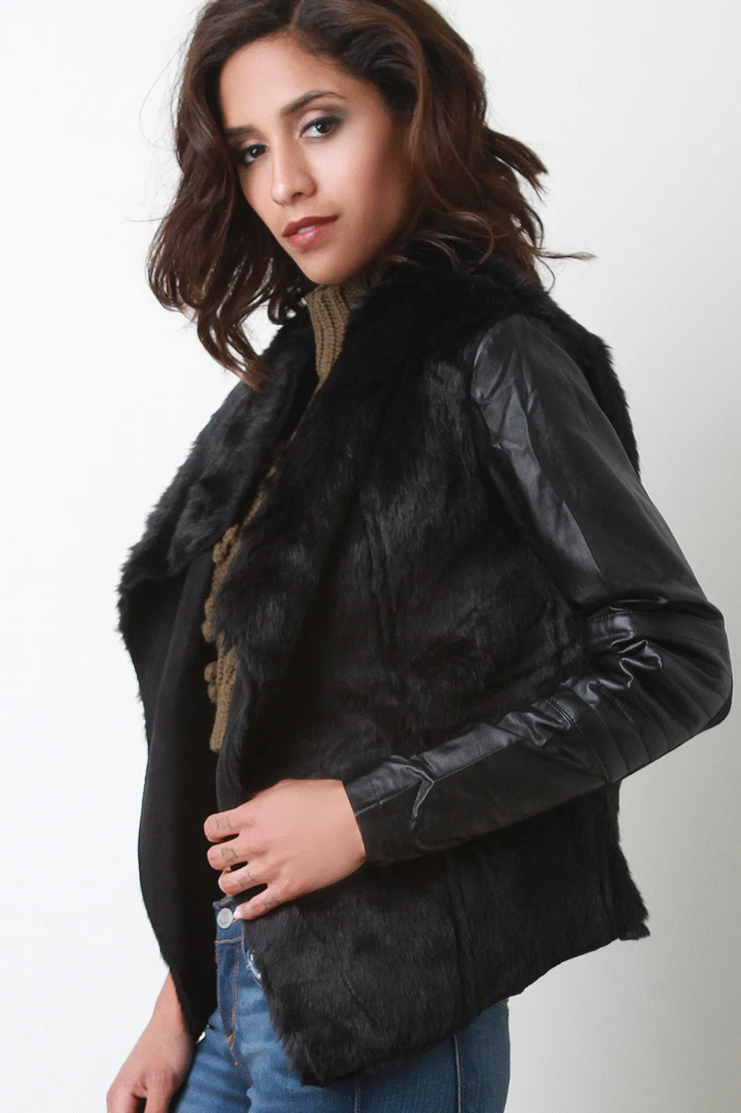 Faux Fur Vegan Leather Sleeve Jacket