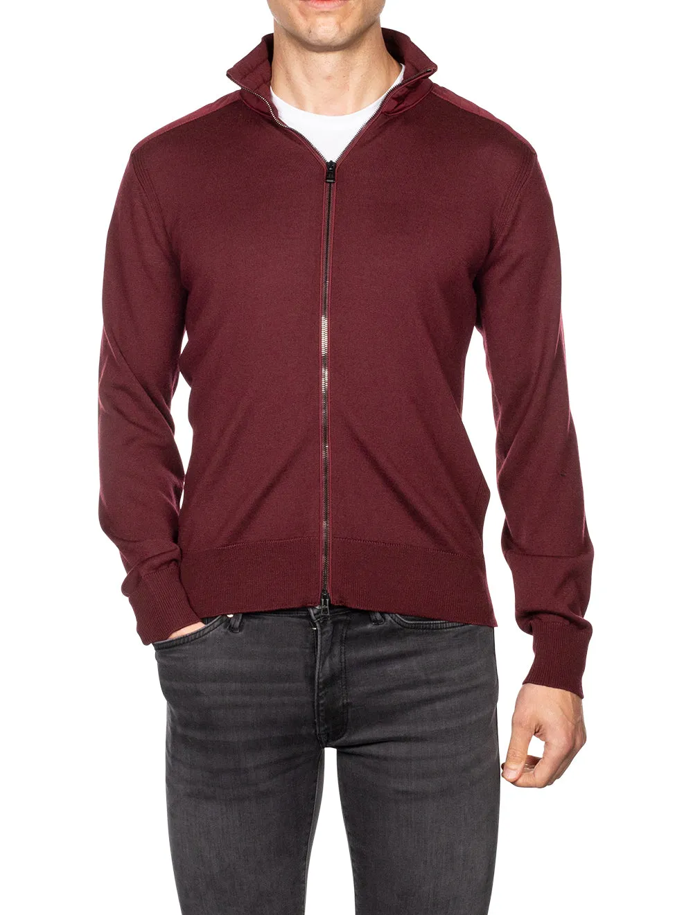 Full Zip Merino Wool Cardigan Oxblood