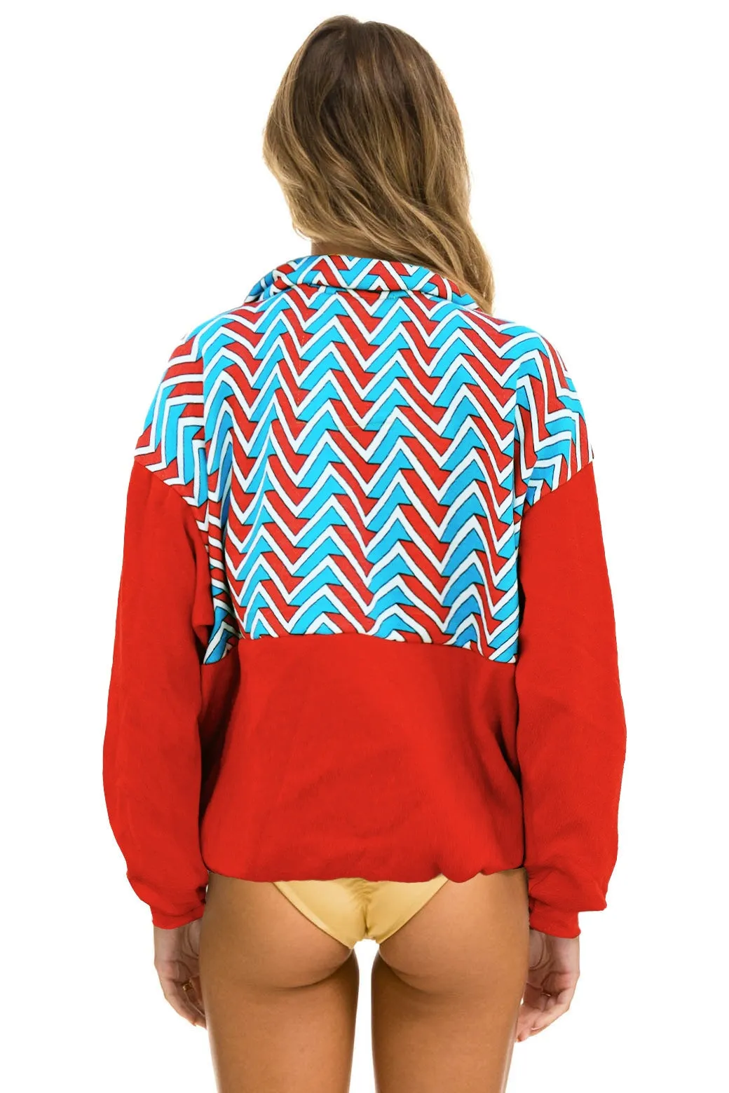 GEO ZIG BOLT EMBROIDERY FLEECE HALF ZIP COLOR BLOCK SWEATSHIRT - RED // BLUE