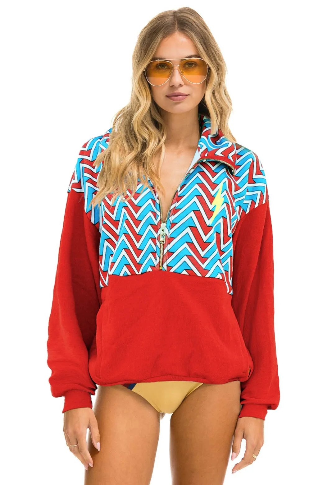 GEO ZIG BOLT EMBROIDERY FLEECE HALF ZIP COLOR BLOCK SWEATSHIRT - RED // BLUE