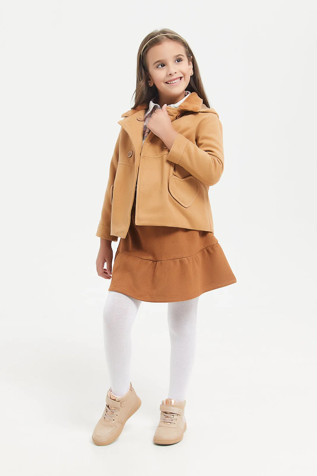 Girls Brown Hooded Melton Jacket