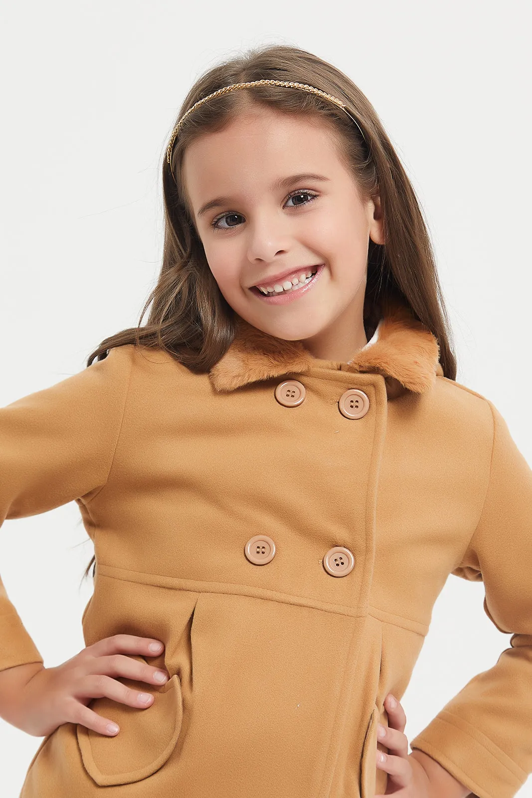 Girls Brown Hooded Melton Jacket