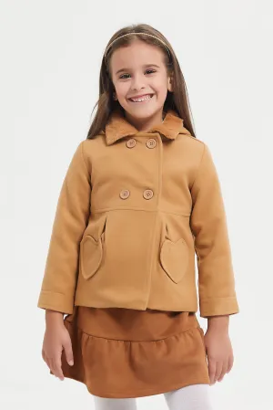 Girls Brown Hooded Melton Jacket