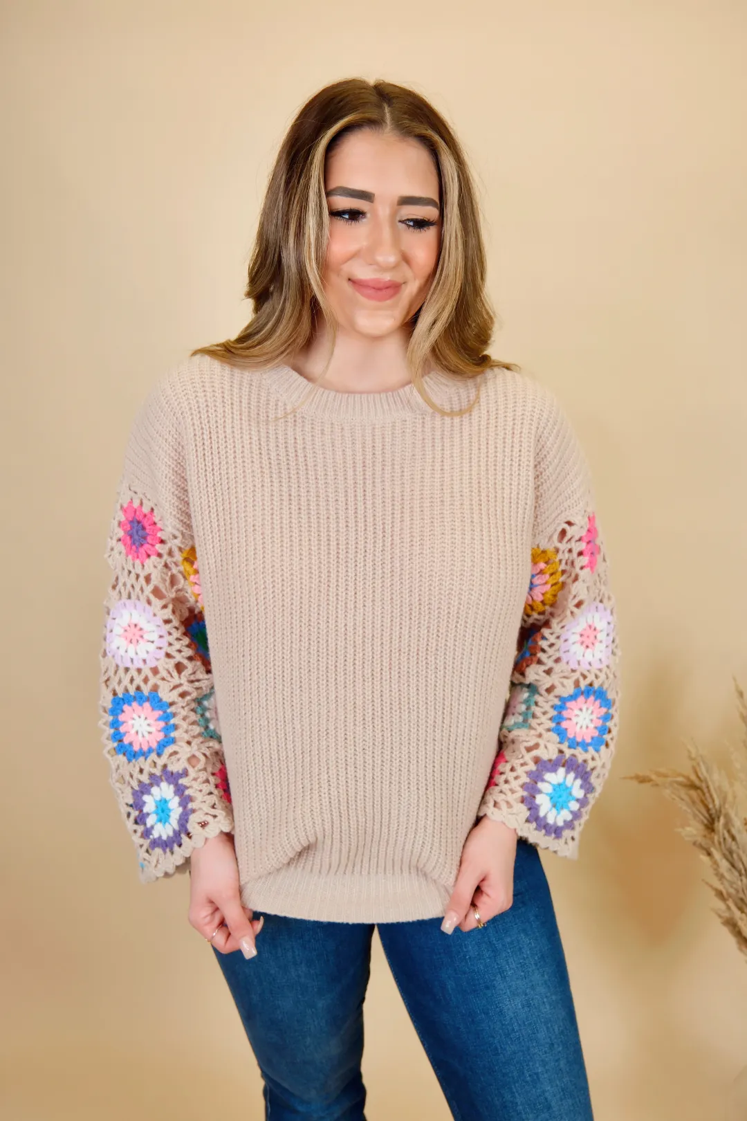 GRANNY SQUARE WIDE CROCHET SLEEVE SWEATER TOP