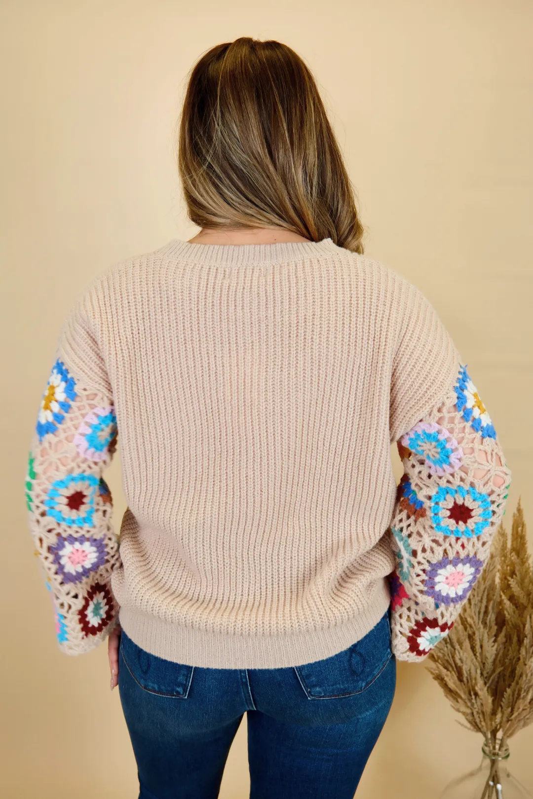 GRANNY SQUARE WIDE CROCHET SLEEVE SWEATER TOP