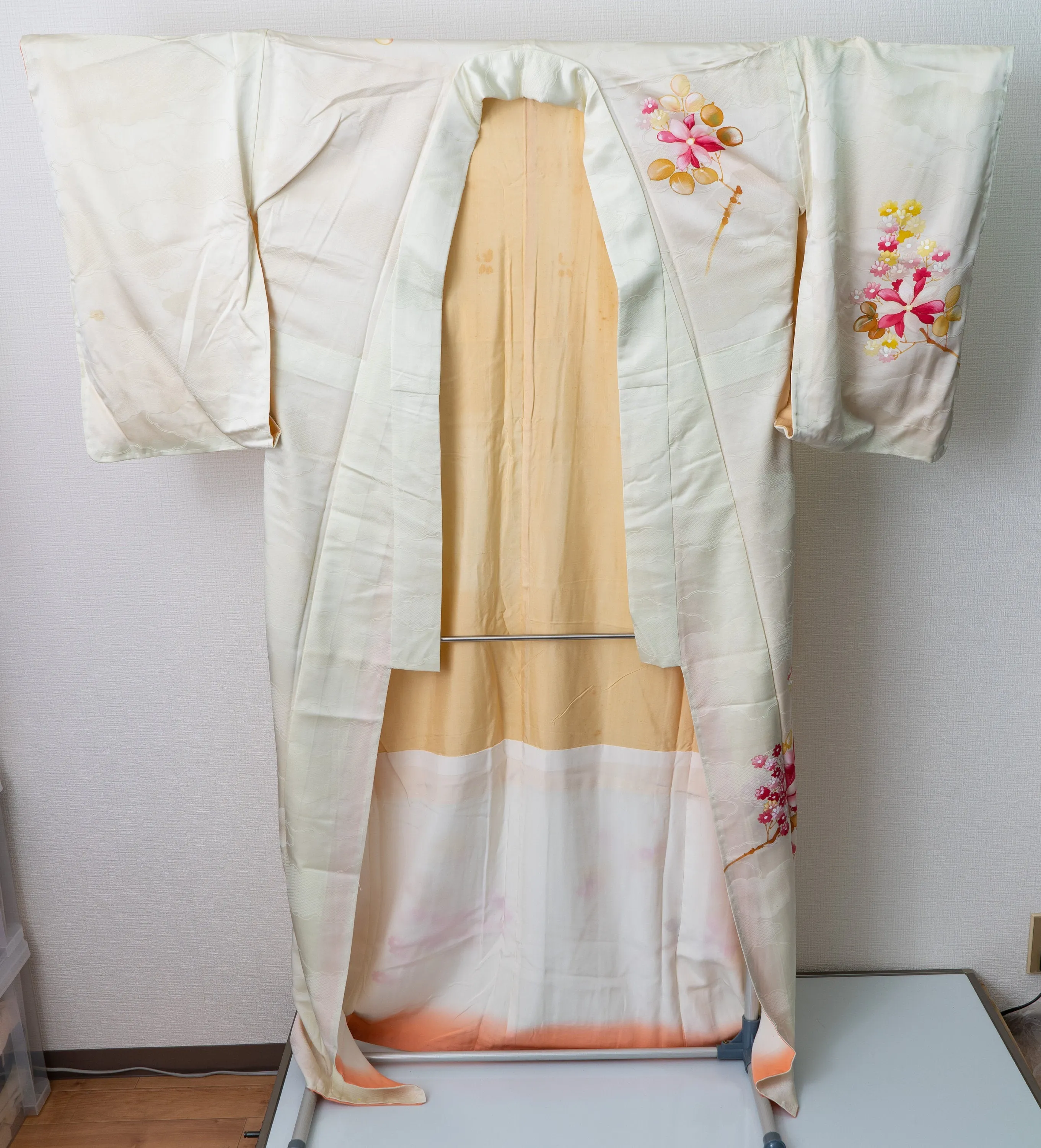 Hand Painted Silk Houmongi - Gorgeous Pink, Yellow, and White Flowers