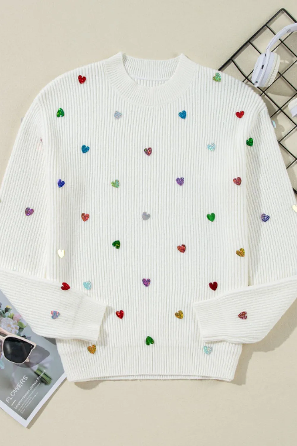 Heart Sequin Round Neck Long Sleeve Sweater | Winter Fashion | Sweater Weather