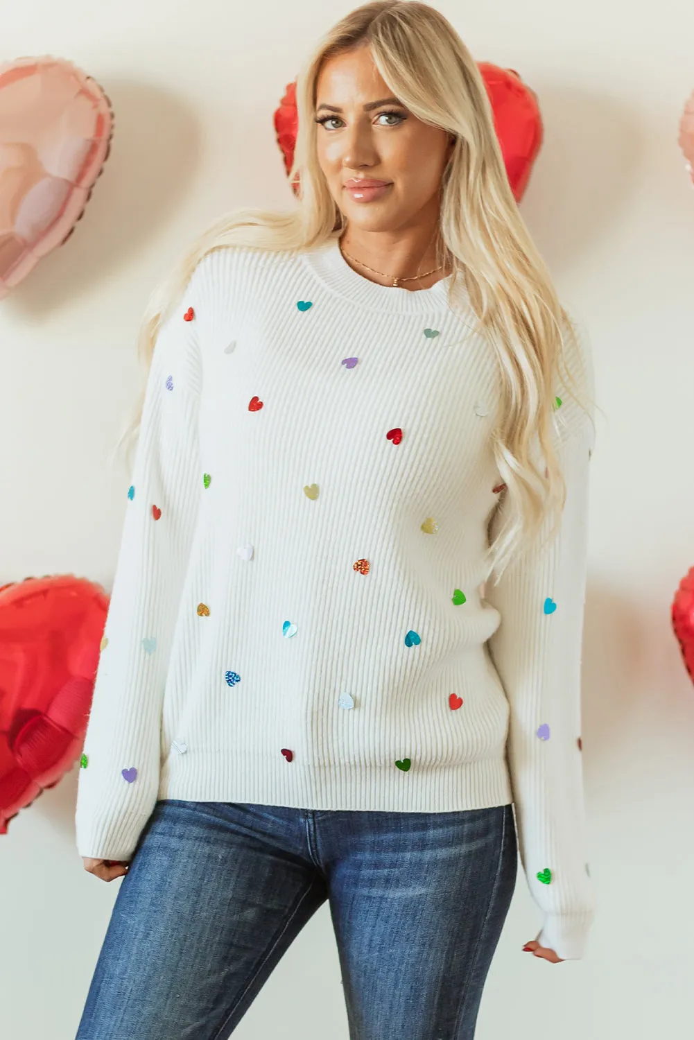 Heart Sequin Round Neck Long Sleeve Sweater | Winter Fashion | Sweater Weather