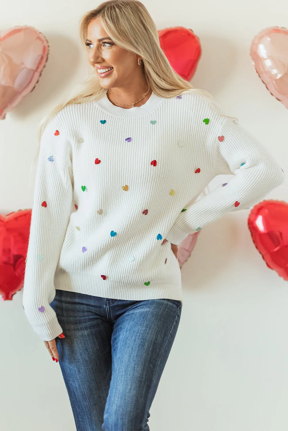 Heart Sequin Round Neck Long Sleeve Sweater | Winter Fashion | Sweater Weather