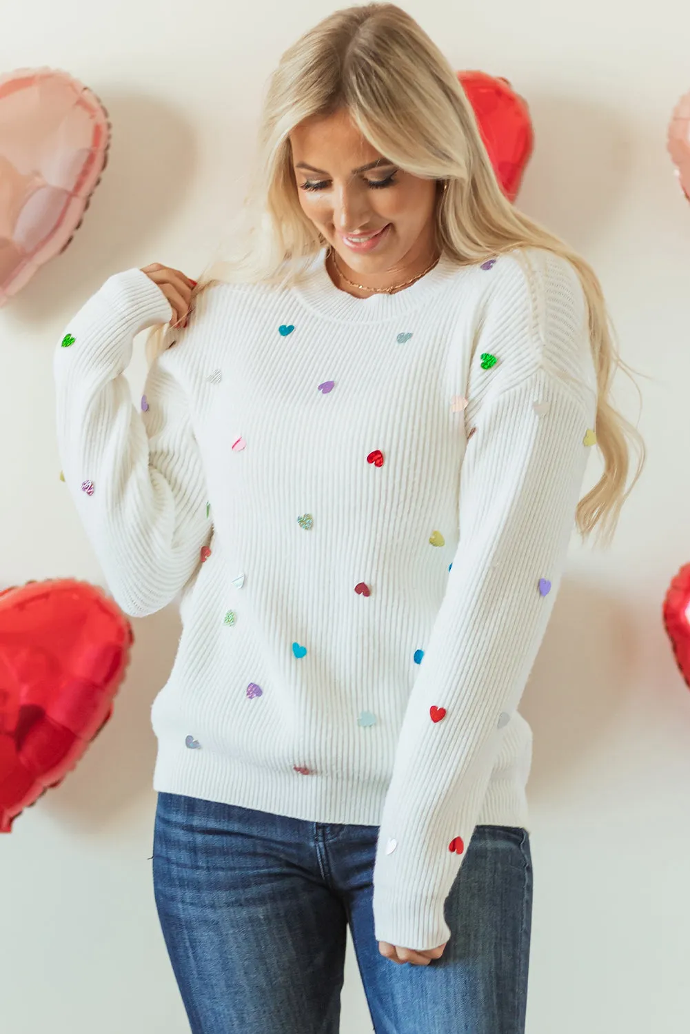 Heart Sequin Round Neck Long Sleeve Sweater | Winter Fashion | Sweater Weather