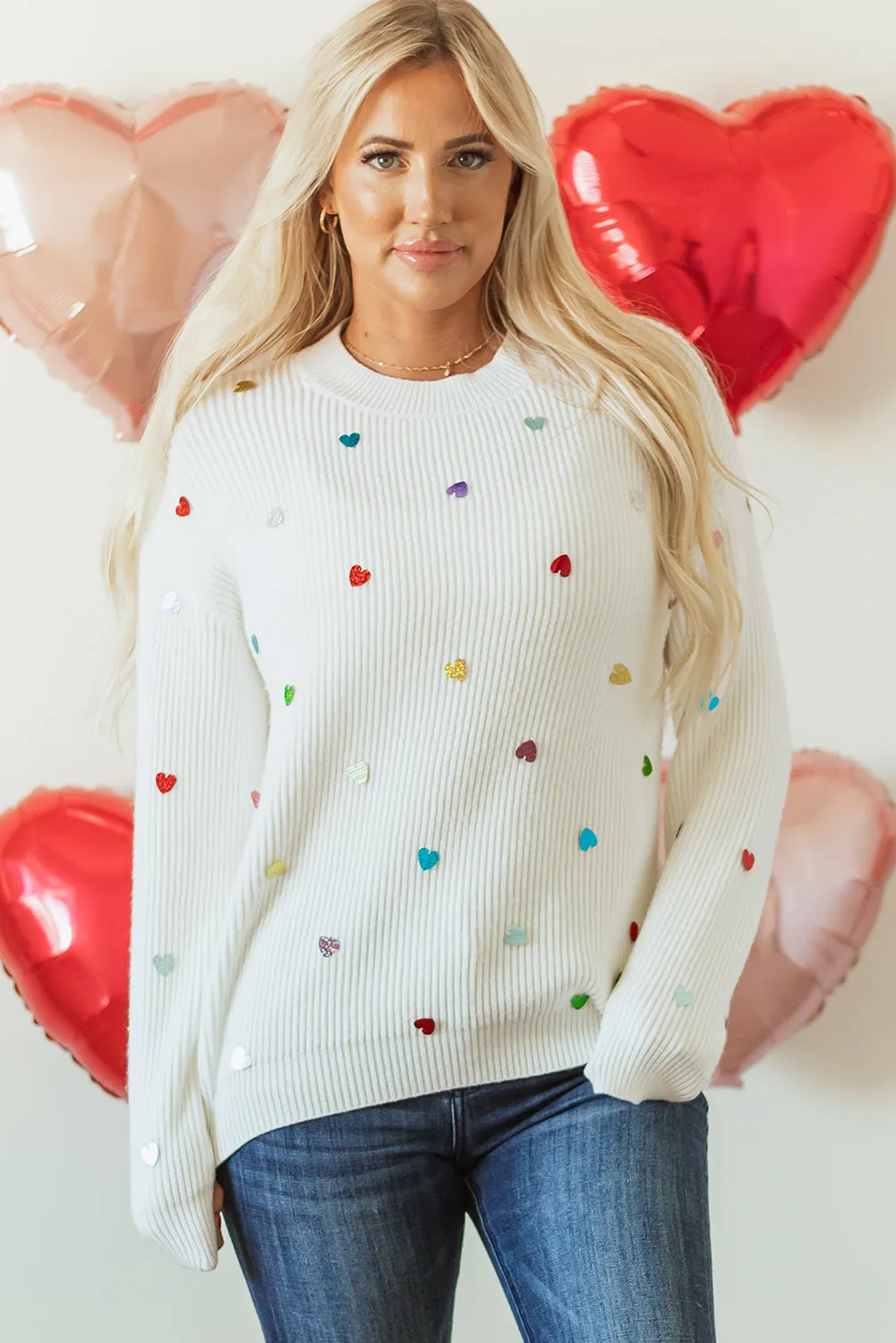 Heart Sequin Round Neck Long Sleeve Sweater | Winter Fashion | Sweater Weather