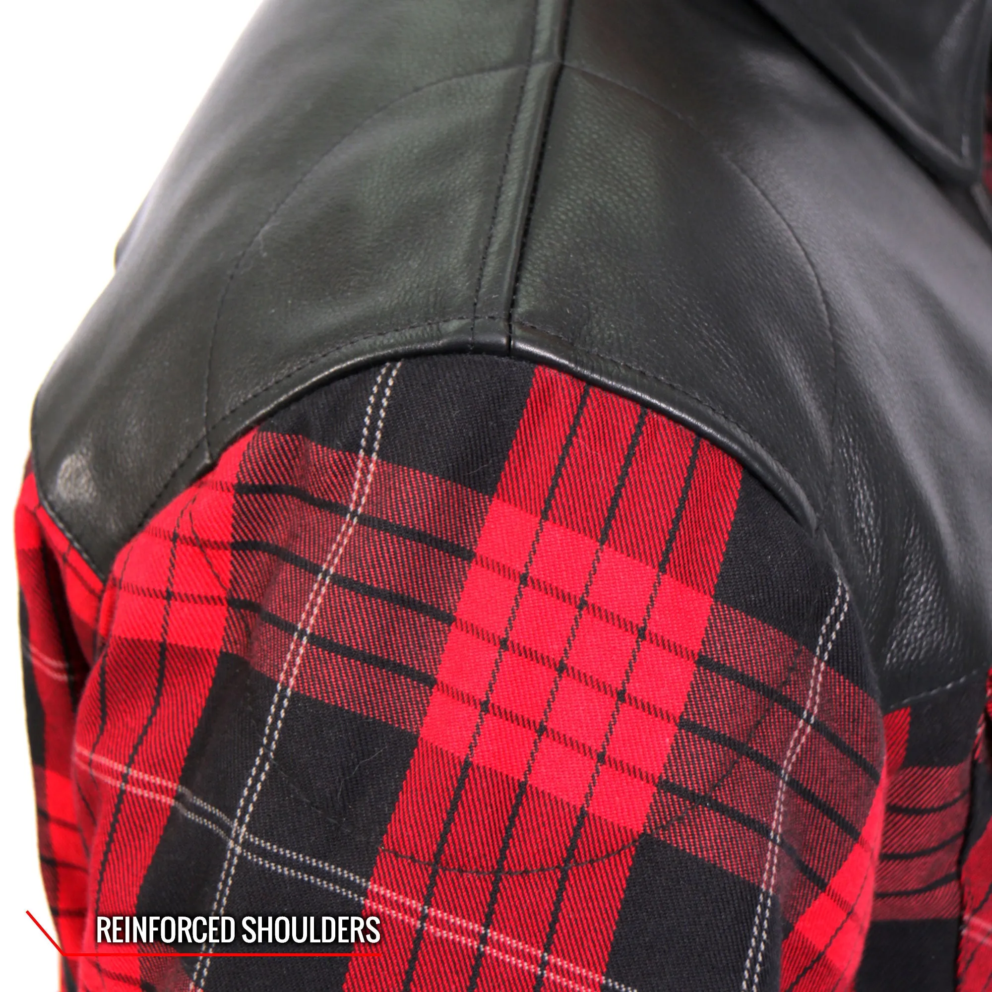 Hot Leathers JKM3201 Men's Motorcycle style Red and Black Kevlar Reinforced Leather and Plaid Flannel Biker Shirt