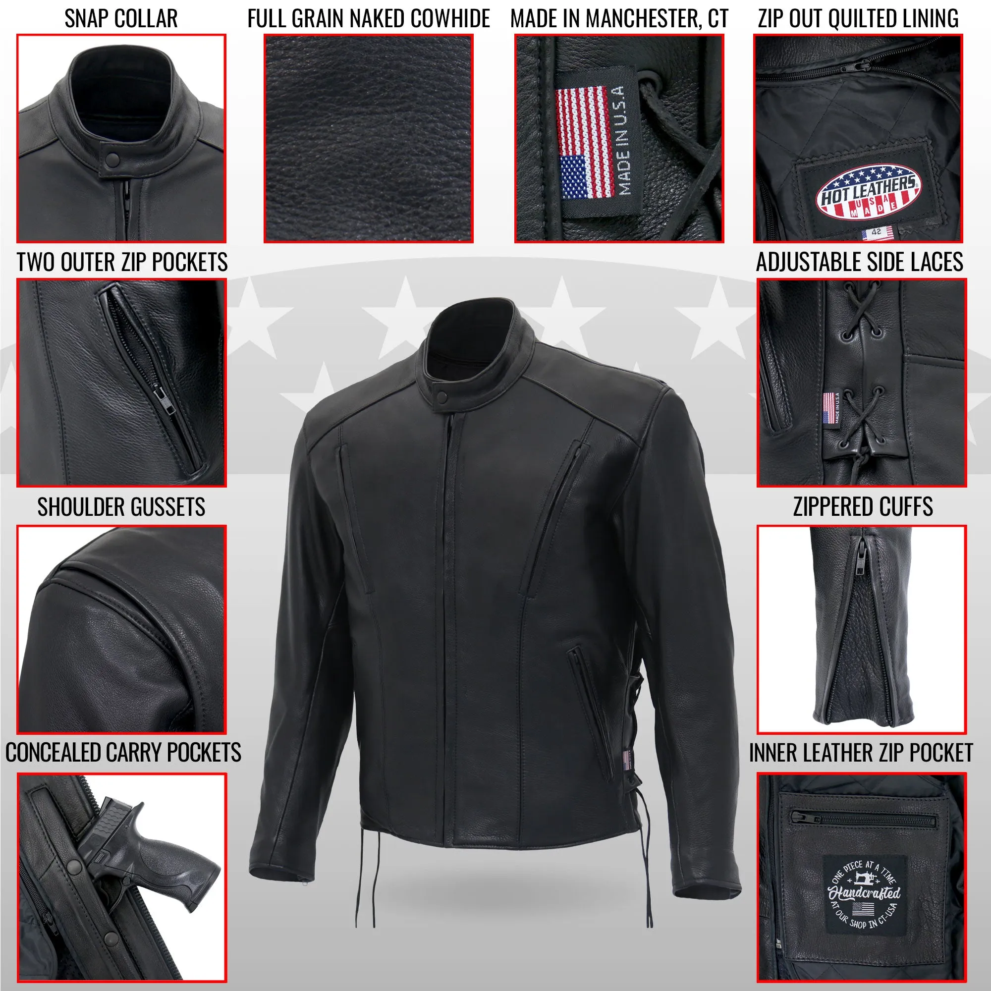 Hot Leathers JKM5002 Men's USA Made Vented Premium Leather Motorcycle Biker Jacket with Side Lace