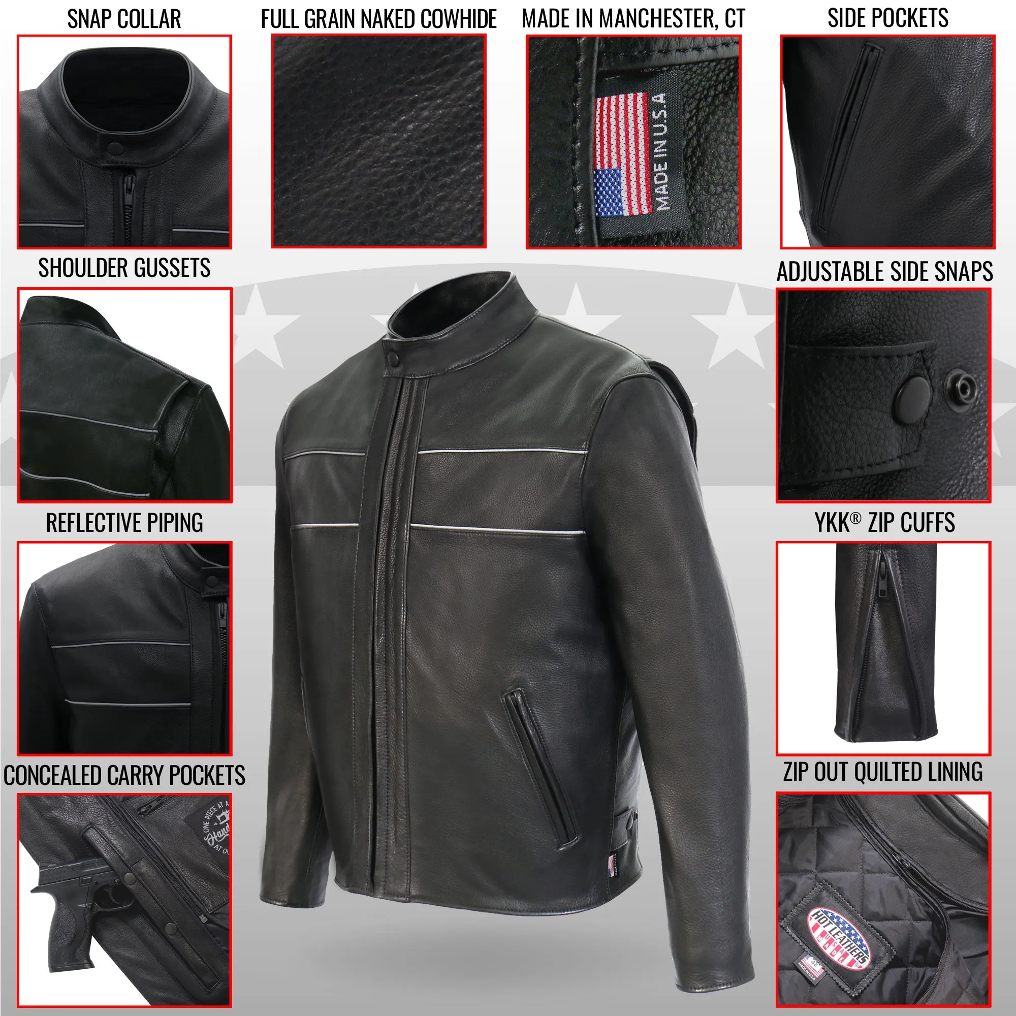 Hot Leathers JKM5003 Men’s USA Made Premium Black Leather Motorcycle Biker Jacket with Reflective Piping