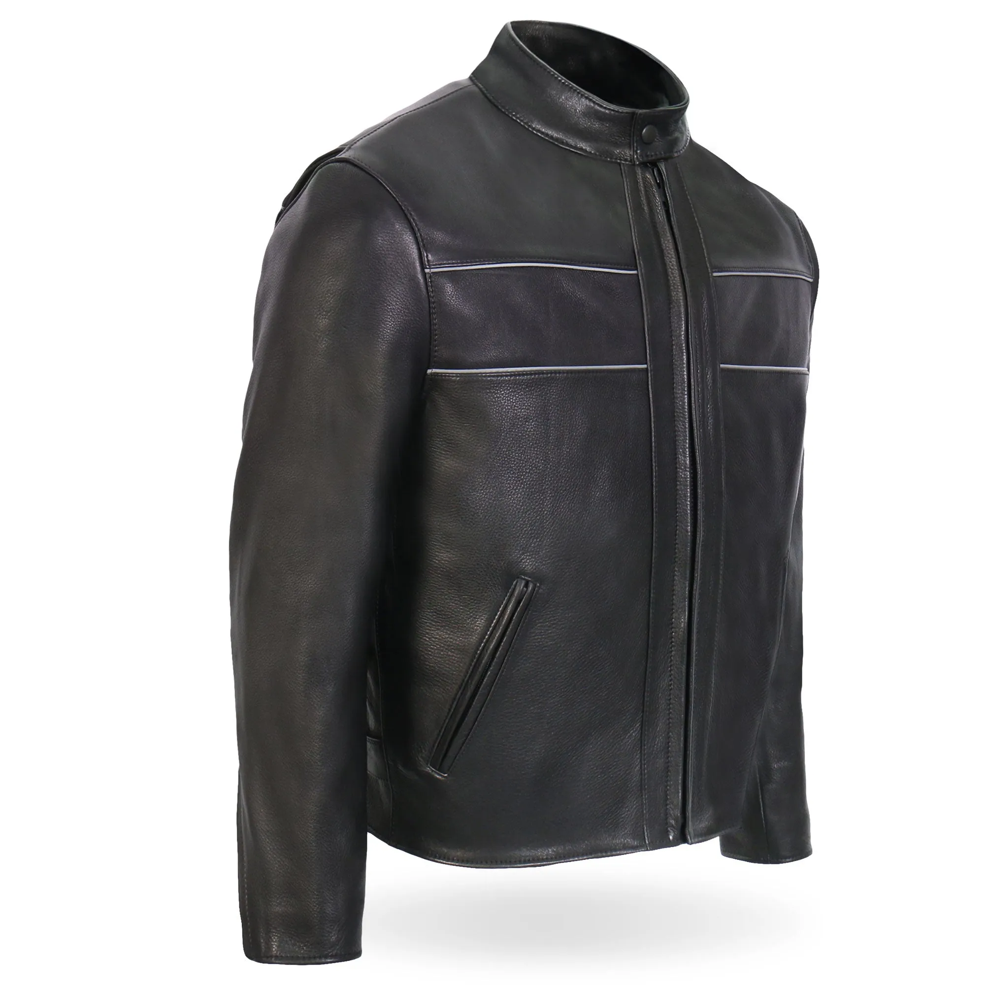 Hot Leathers JKM5003 Men’s USA Made Premium Black Leather Motorcycle Biker Jacket with Reflective Piping