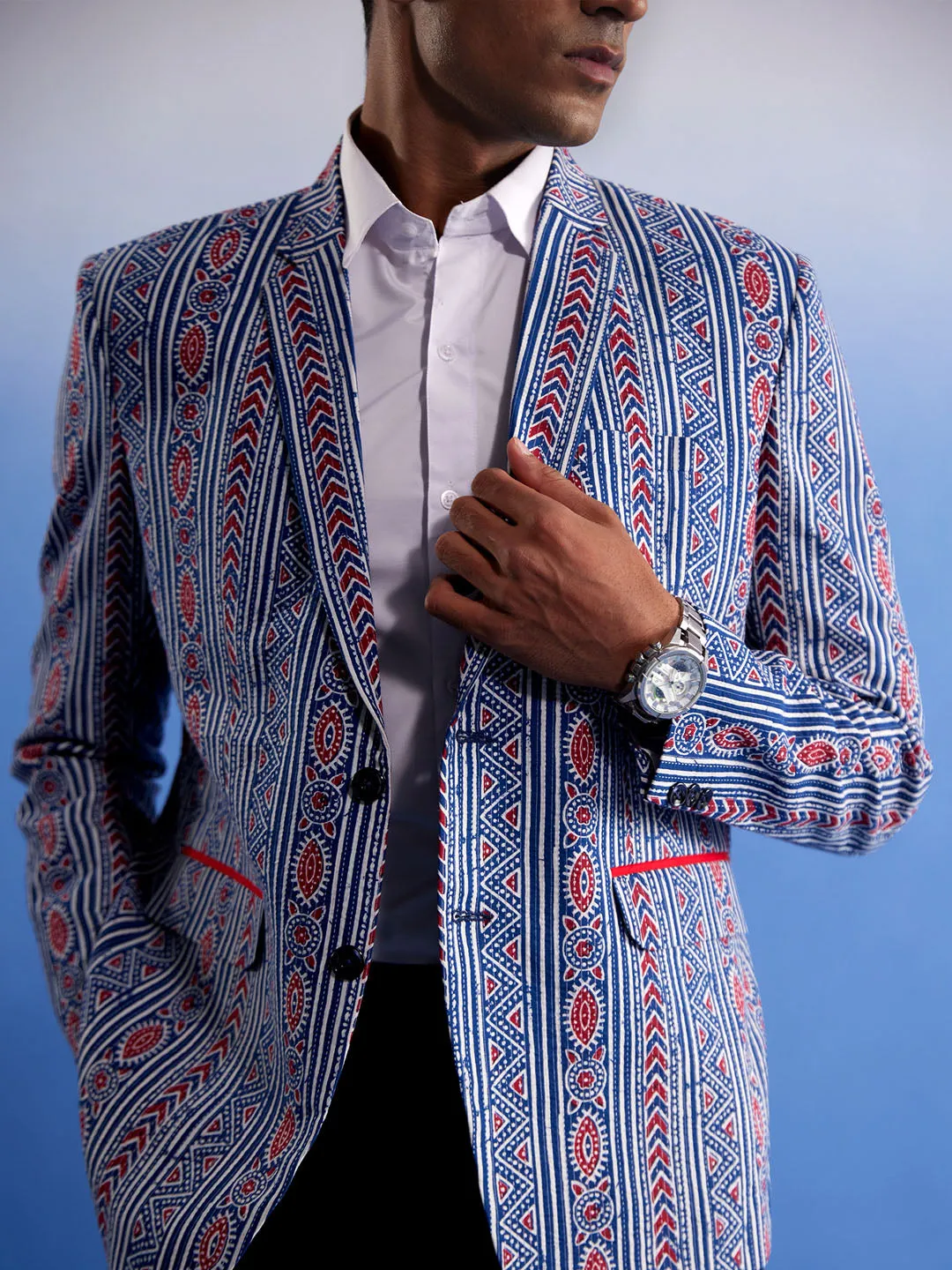 Jashvi Men's Aqua And Red Ethnic Printed Ctton Blazer