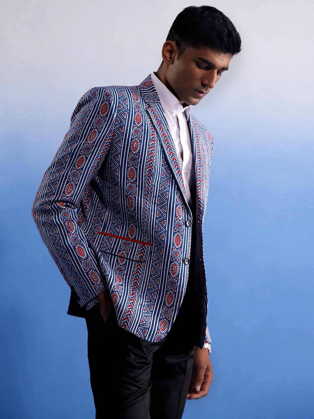 Jashvi Men's Aqua And Red Ethnic Printed Ctton Blazer