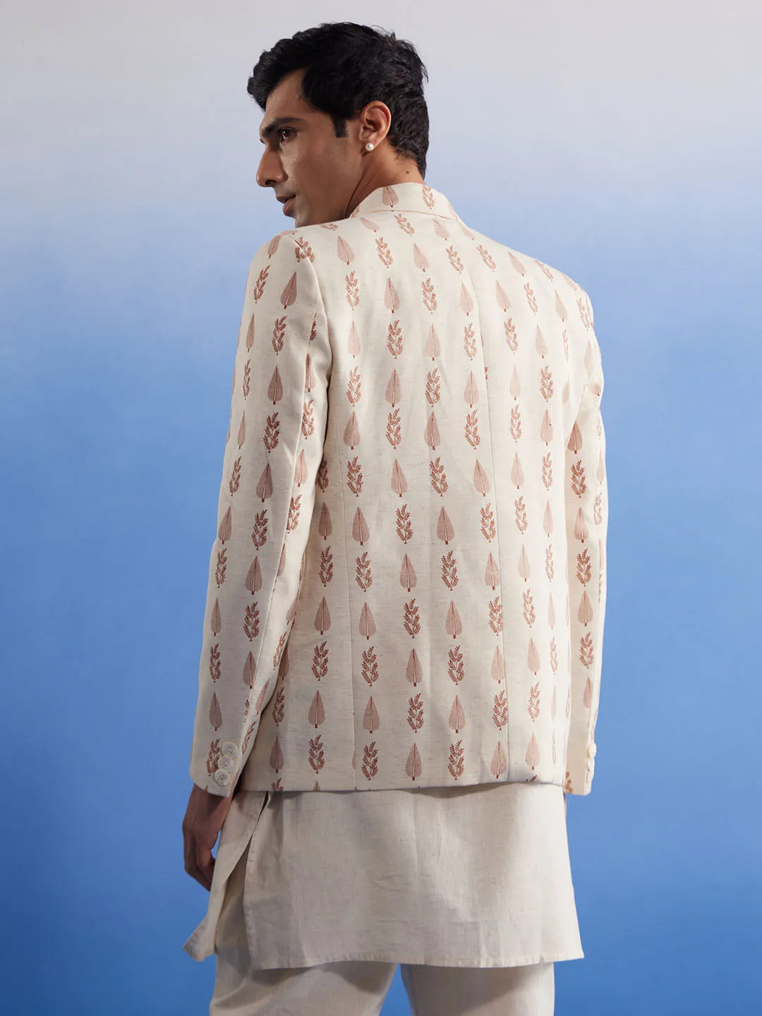 Jashvi Men's Cream Leaf Printed Blazer With Kurta Pyjama Set