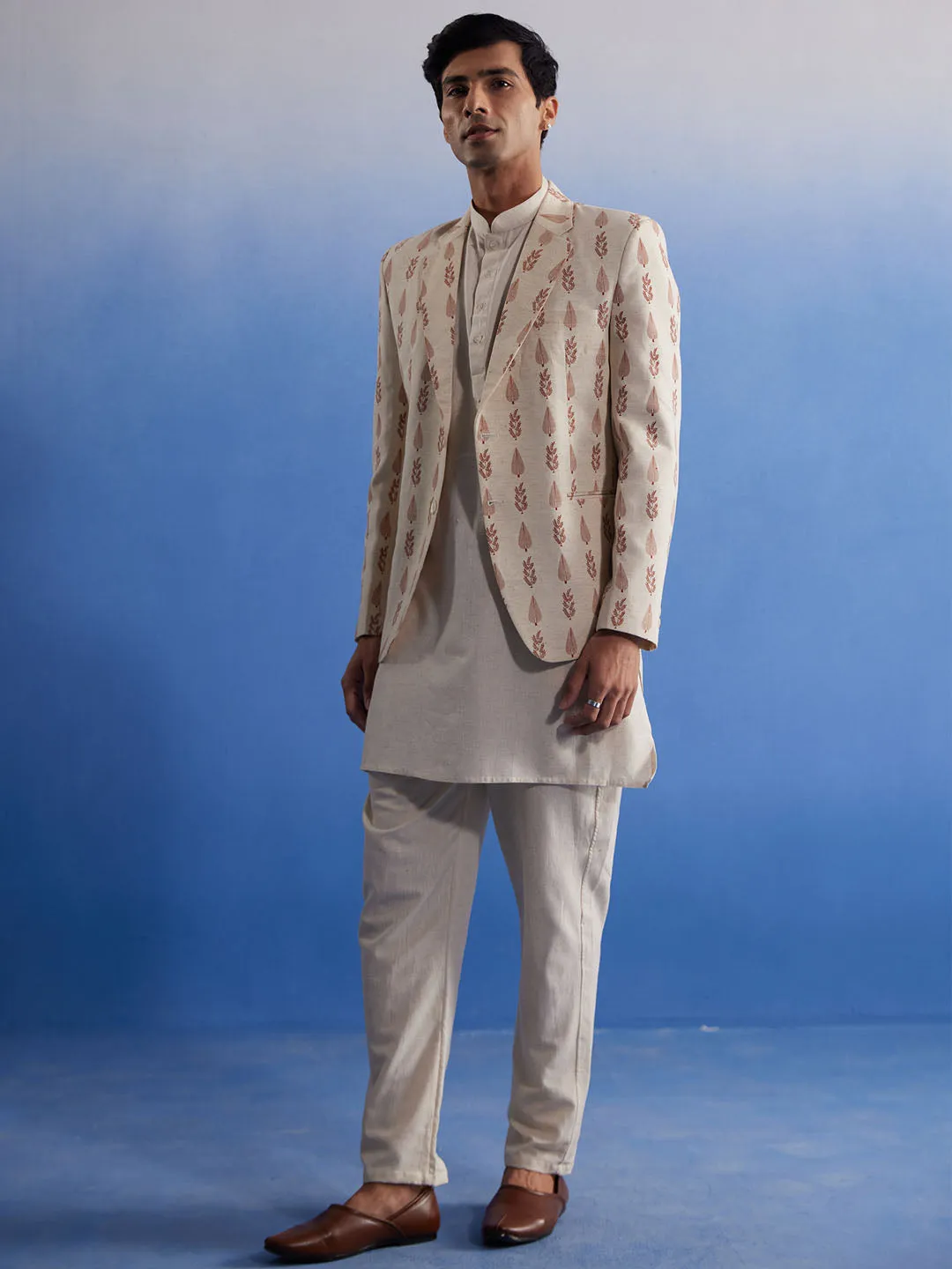 Jashvi Men's Cream Leaf Printed Blazer With Kurta Pyjama Set