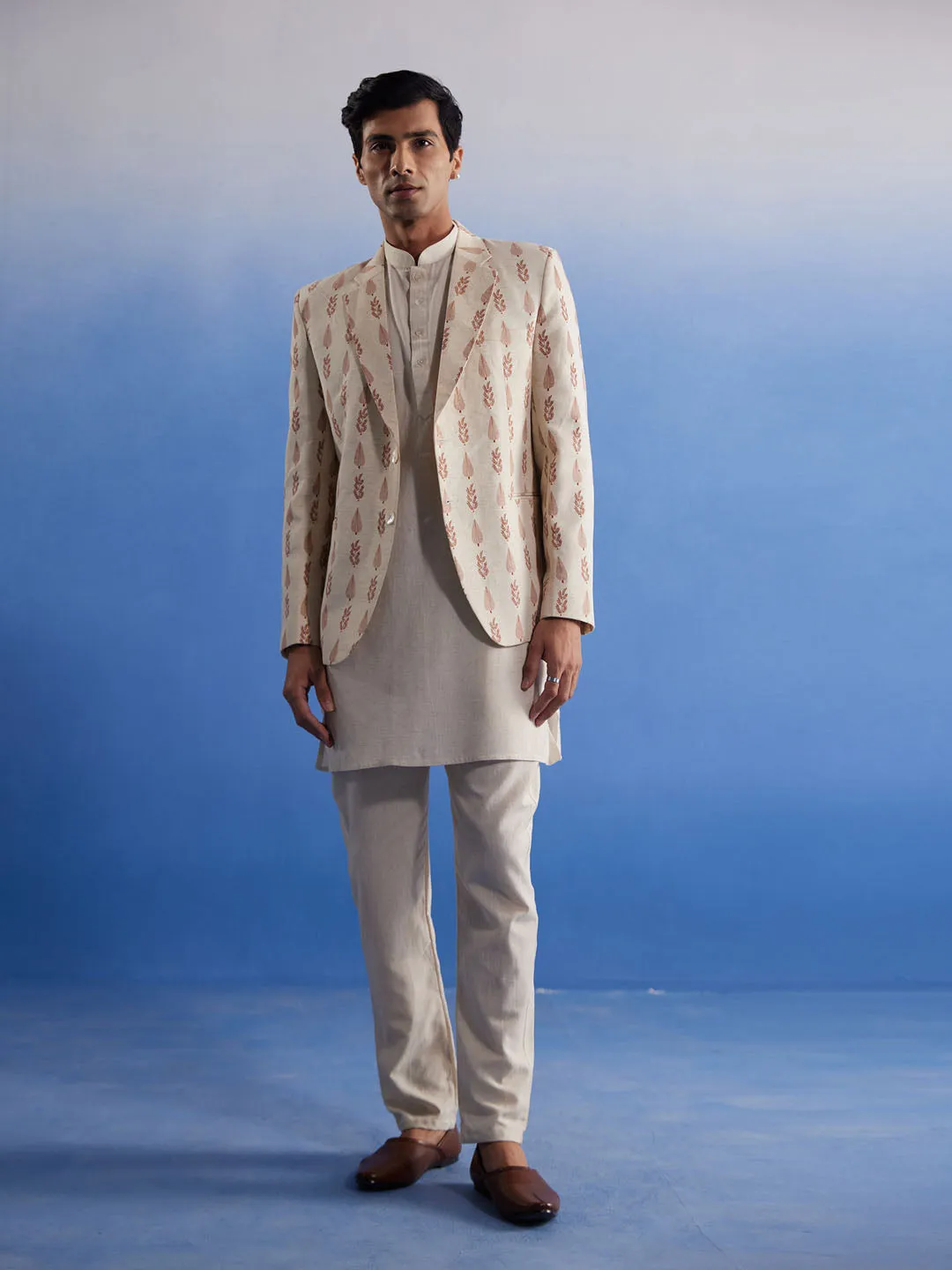 Jashvi Men's Cream Leaf Printed Blazer With Kurta Pyjama Set