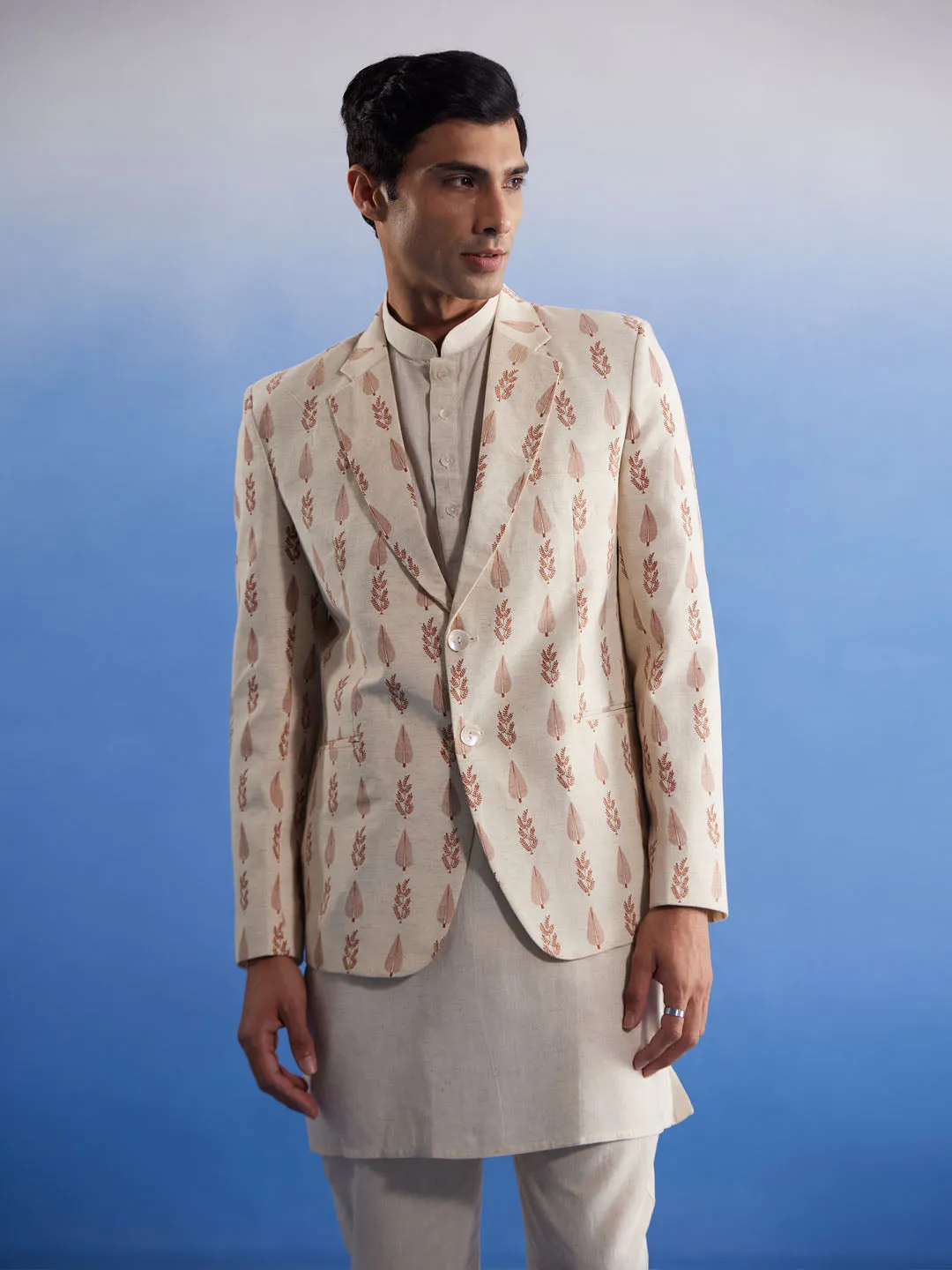 Jashvi Men's Cream Leaf Printed Blazer With Kurta Pyjama Set