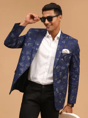 Jashvi Men's Navy Blue Cotton Blend Printed Design Blazer