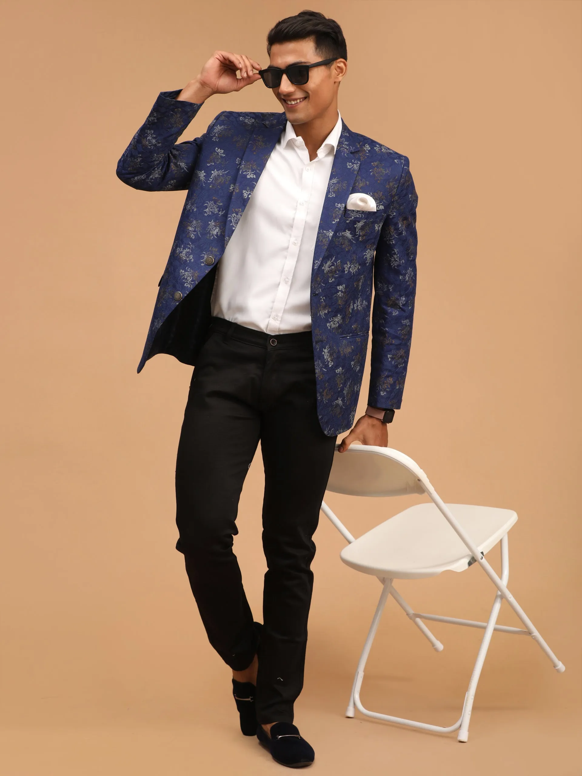 Jashvi Men's Navy Blue Cotton Blend Printed Design Blazer