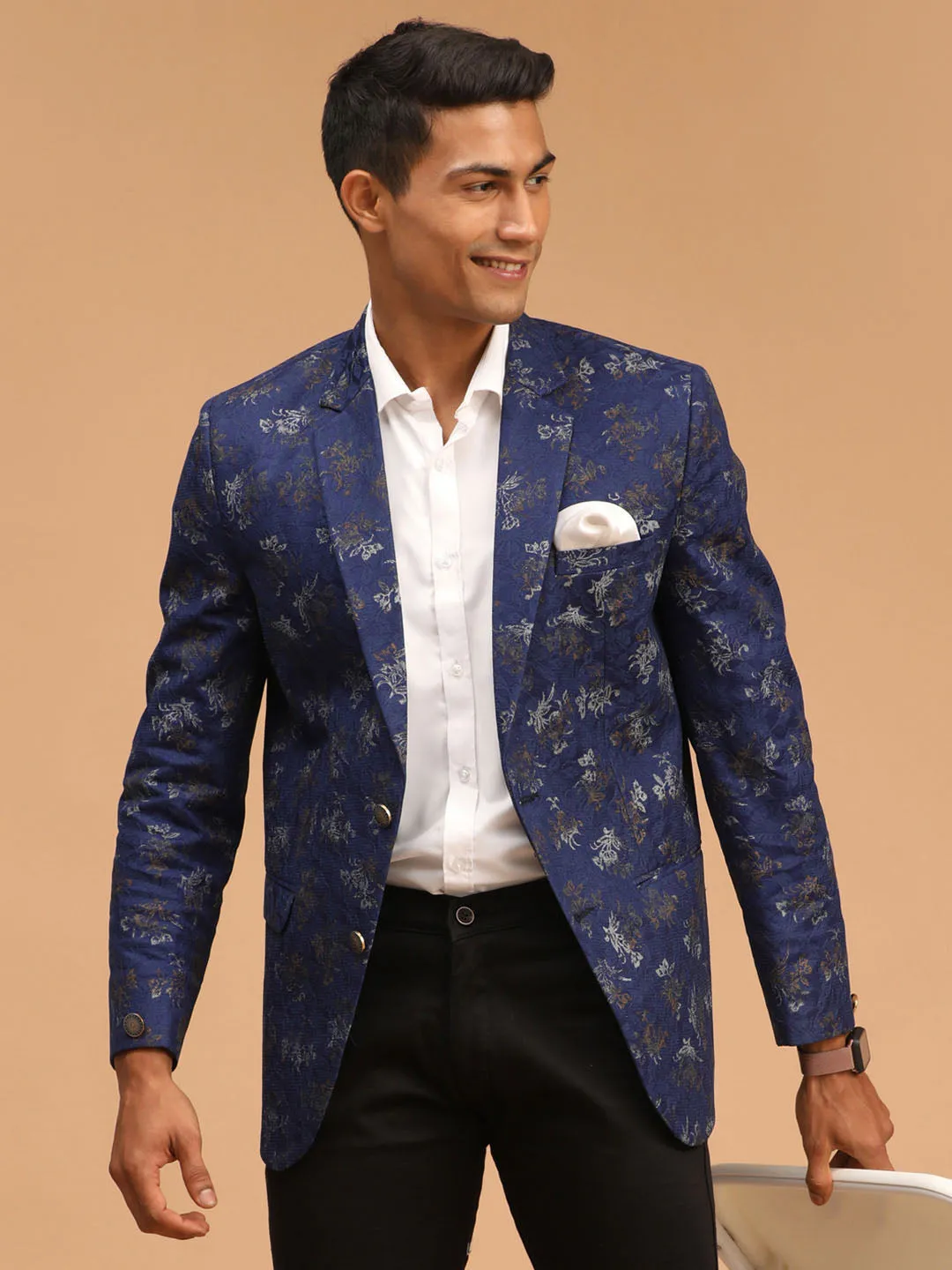 Jashvi Men's Navy Blue Cotton Blend Printed Design Blazer