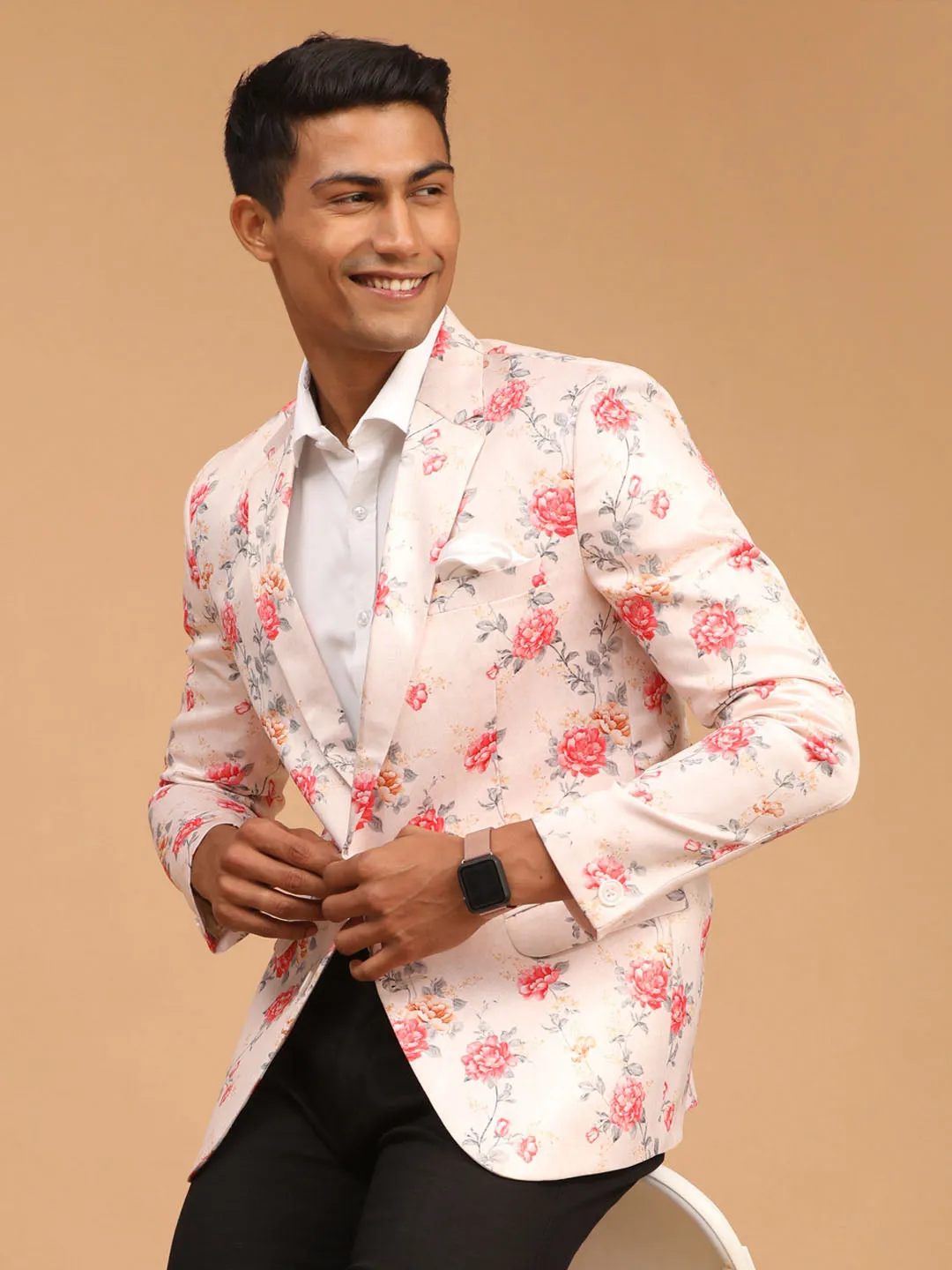 Jashvi Men's Peach Floral Printed Blazer