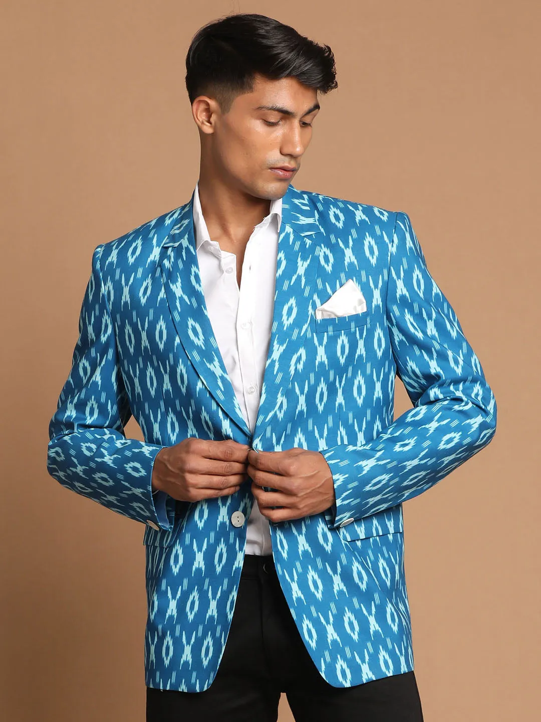 Jashvi Men's Turquoise Blue Ikkat print Blazer