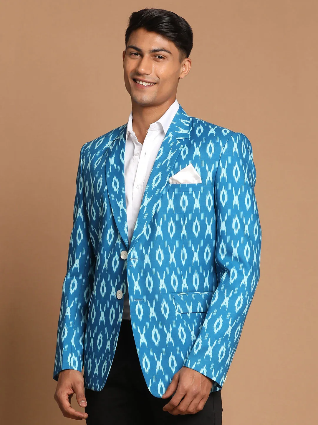 Jashvi Men's Turquoise Blue Ikkat print Blazer