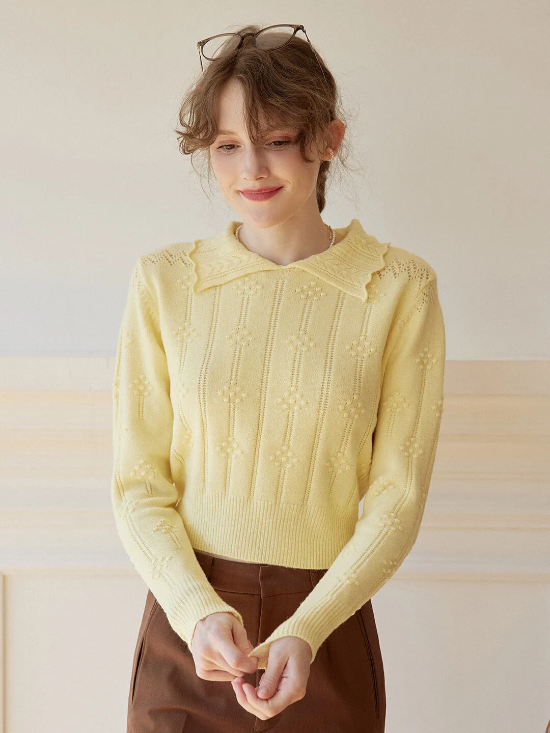 Jasmine Cable Polo Yellow Knit Sweater